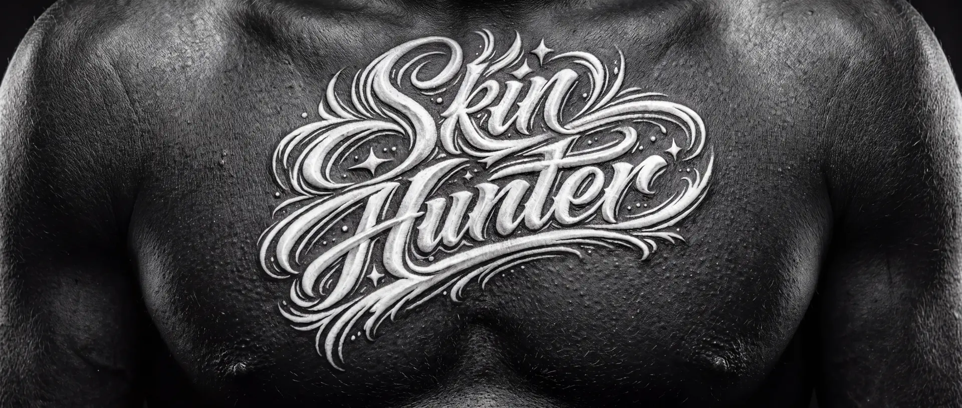 Skin Hunter Lettering-Tattoo auf der Brust